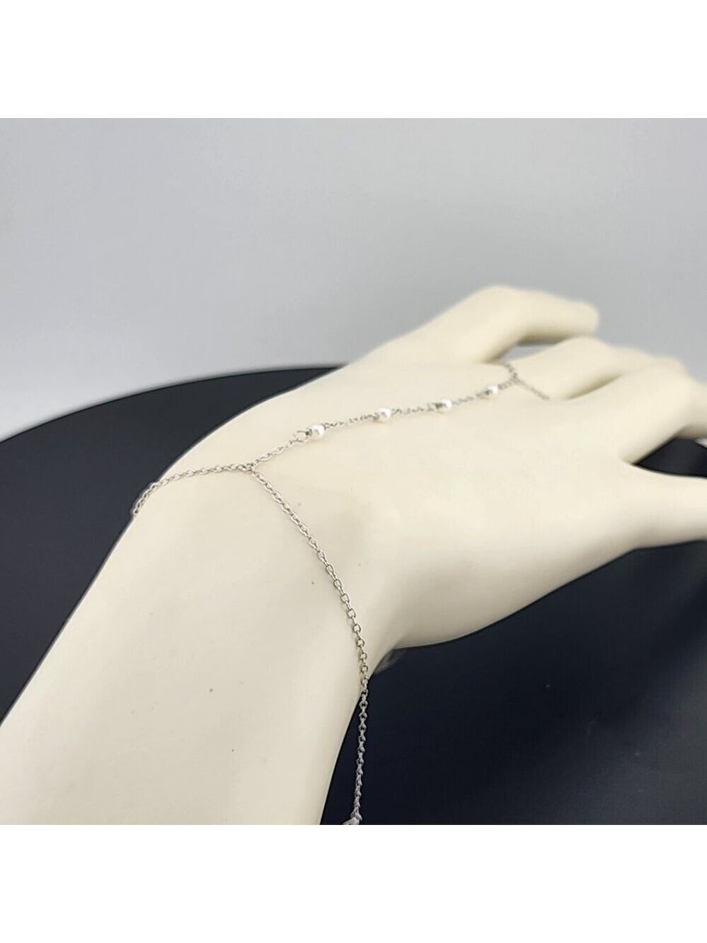 Sterling Silver 925 White Beaded Hand Bracelet with Ring - Picture 7 of 11